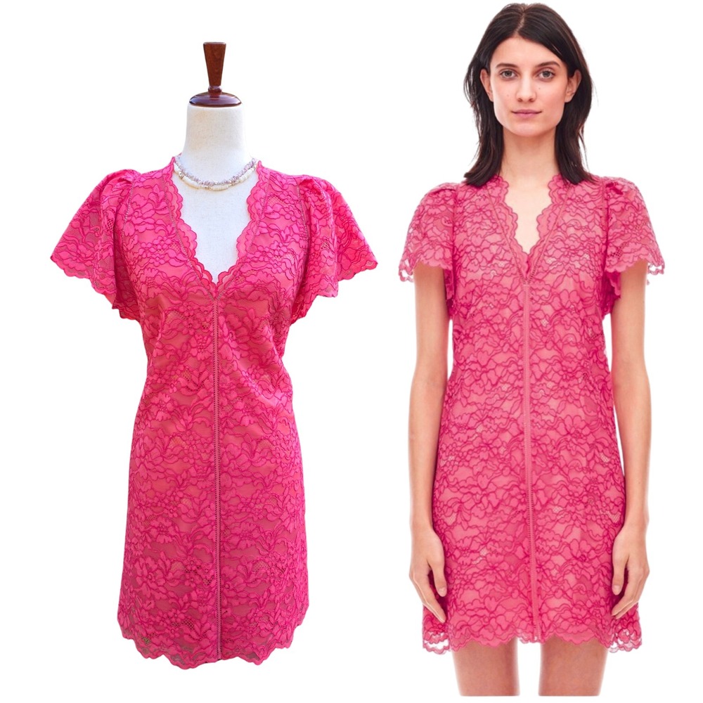 Rebecca Taylor Dress Size 8 Pink Lace‎ Flutter Sleeves Romantic Preppy V-Neck